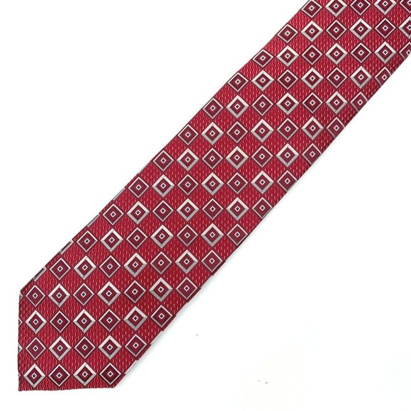 Current ERMENEGILDO ZEGNA Tie Red Gray Silver Squares Woven 100% Silk Necktie - Picture 8 of 10
